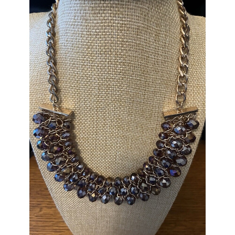 Beaded Bib Necklace Aurora Borealis Purple Pink Iridescent Glass Chunky chain